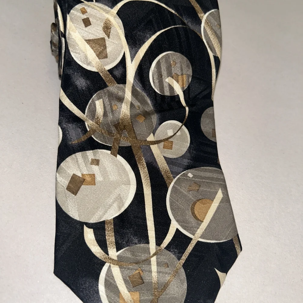 Screenplay By Martin Wong Silk Tie “ Bachrach” Black And Golds Abstract